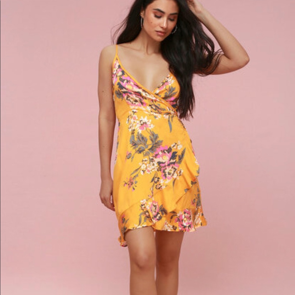 Yellow floral wrap dress